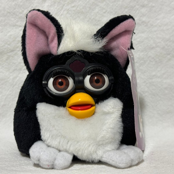 Vintage 1999 Furby Buddies 4" Bean Bag Stuffed Plush Toy With Original Tags "No Hungry", Black / White, Pink Ears, Brown Eyes, New Condition