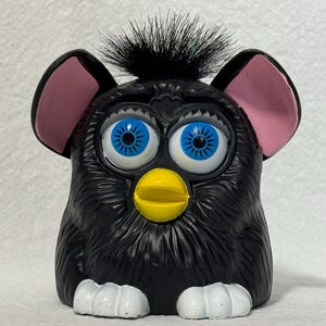 Furby 1998 Plastic McDonald's Happy Meal Toy, 3" Black with Black Hair Blue Eyes, Press Tail Ears Cover Eyes, Pre-Owned Very Good Condition