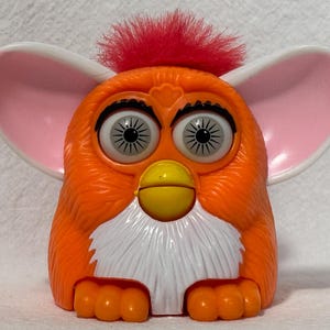 Furby 1998 Plastic McDonald's Happy Meal Toy, 3" Orange with White Belly Red Mohawk Grey Eyes, Eyes Ears Mouth and Feet Move, Pre-Owned Very