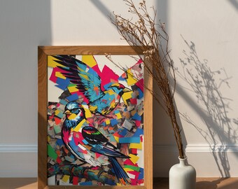 Symmetrical Flight: Torn Paper AI Artwork of Two Birds for Your Walls