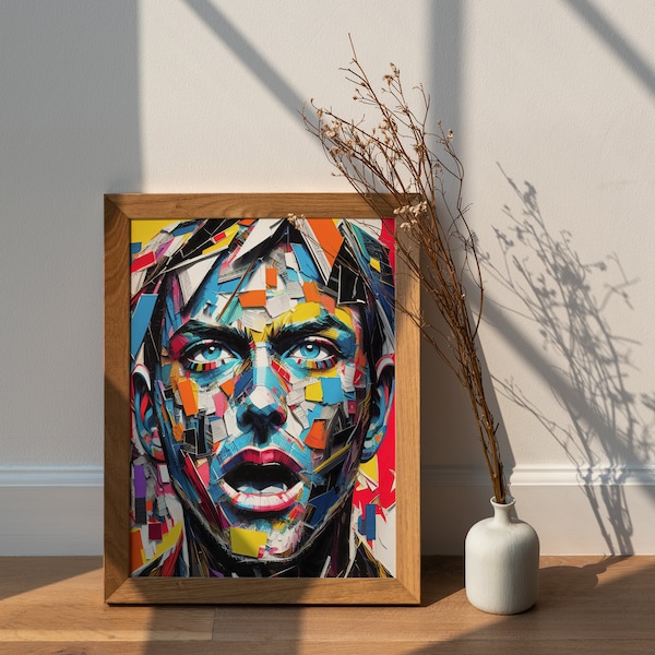 Unique portrait of a man’s face in the Torn Paper style generated by AI: Abstract art customized for an original wall decoration