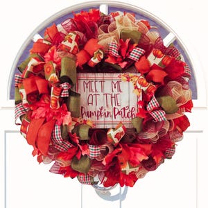 Meet Me at the Pumpkin Patch Wreath| Rustic Sign| Fall Prints, Gingham, Sage and Dark Orange Ribbons, Bow| Maple Leaves