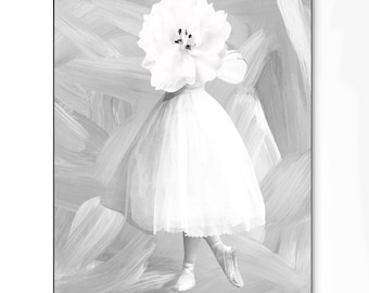 White Blossom Dancer Print, Black and White Ballet Art, Minimalist Floral Portrait, Neutral Wall Decor