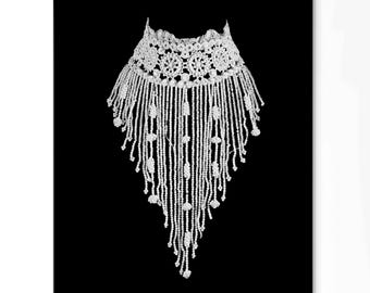 White Beaded Collar Art Print, Vintage Textile Wall Art, Black and White Decorative Artwork