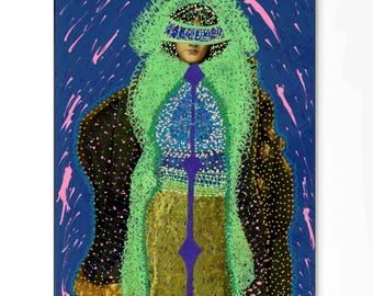 Original Mixed Media Art, Maximalist Wall Art, Bold Color Portrait Print, Surreal Woman Art