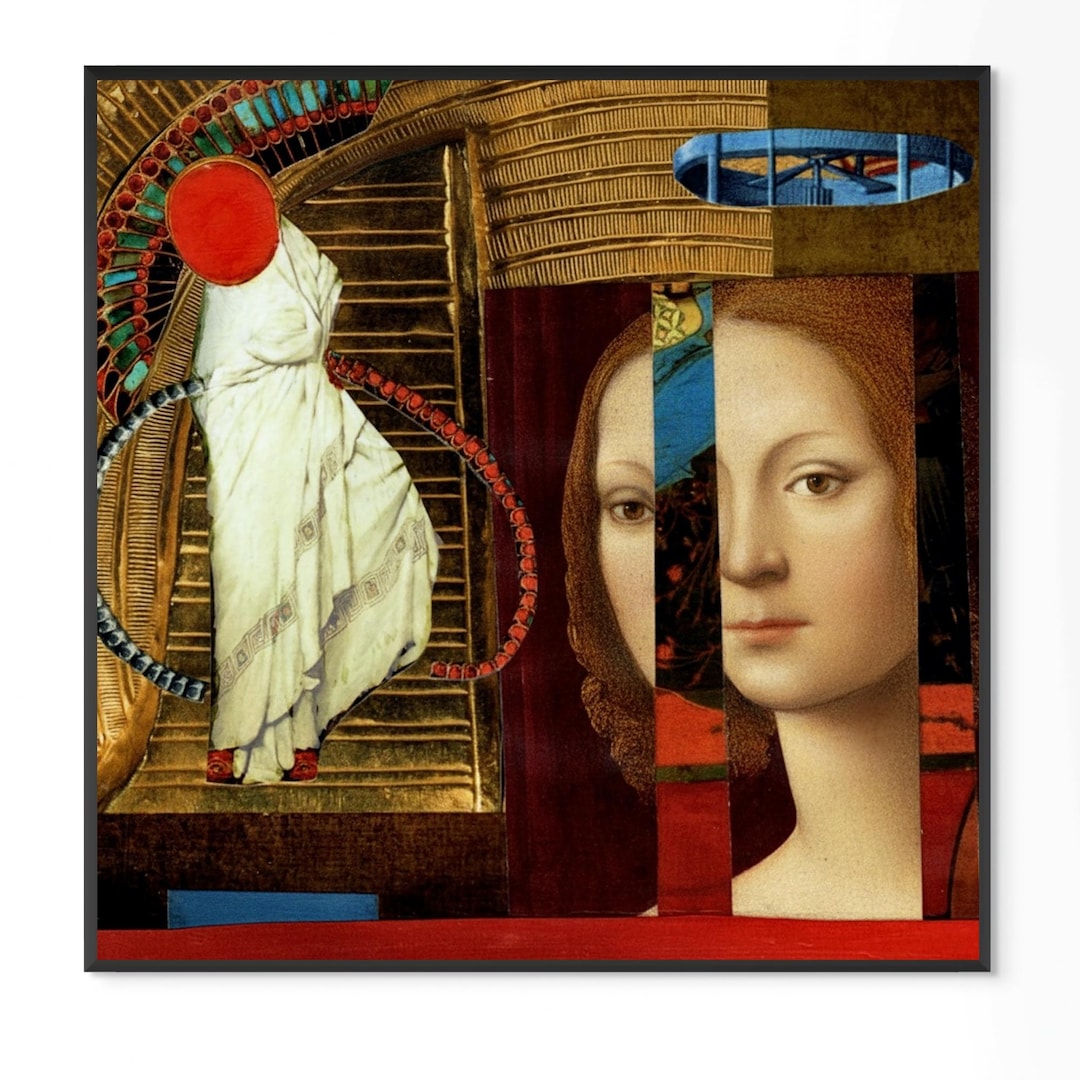 Descending – Collage Art Print, Renaissance Portrait Wall Art, Red Gold ...
