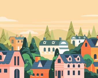 Pode incluir: Uma ilustração colorida de um bairro suburbano com casas de vários estilos e cores, cercadas por árvores e colinas. O céu é de cor laranja claro, o que sugere um pôr do sol ou nascer do sol.