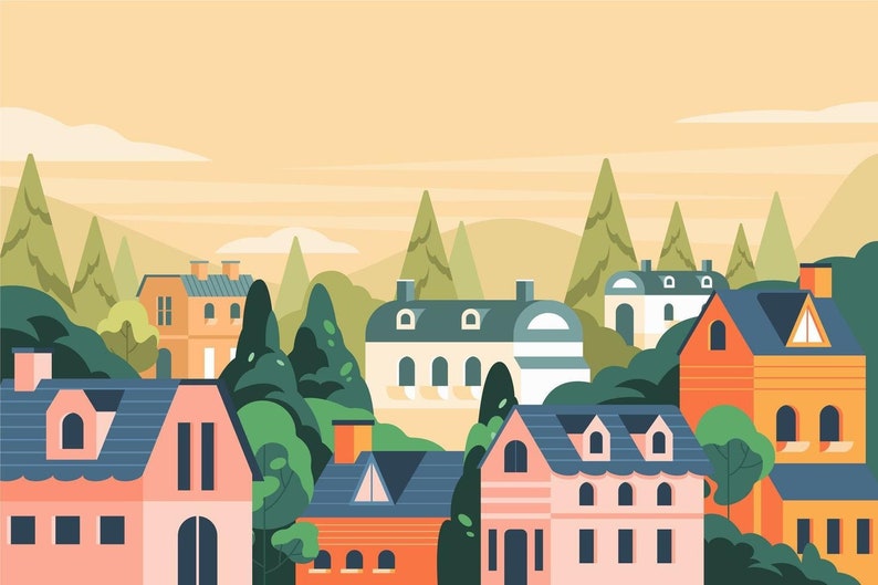 May include: A colourful illustration of a suburban neighbourhood with houses of various styles and colours, surrounded by trees and hills. The sky is a light orange colour, suggesting a sunset or sunrise.