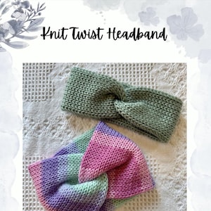 May include: Two knitted twist headbands. One is sage green, the other is a mix of pink, purple, and mint green. The headbands are made of a soft, textured knit fabric. The text "Knit Twist Headband" is at the top.