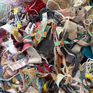 Yarn Fabric Thread and Fiber Scraps for Mixed Media Projects or Sustainable Stuffing Poly-fil Alternative 1/4 lb.