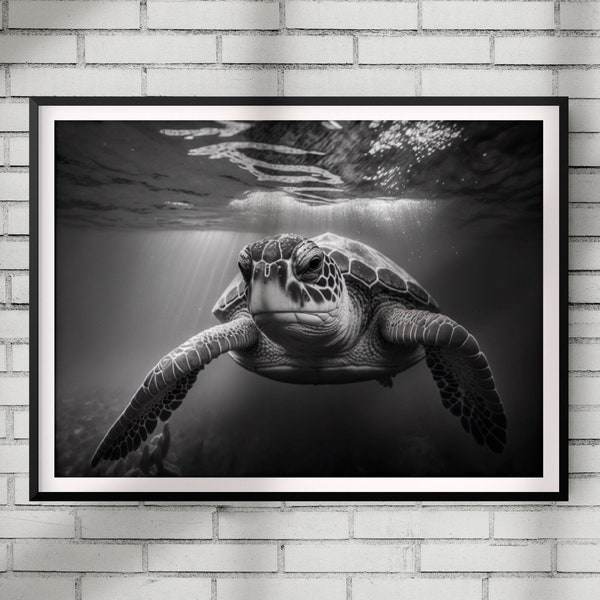 Sea Turtle Wall Art Print, Black and White Animal Portrait, Sea Turtle Print, 25+ Sizes Available, Instant Digital Download