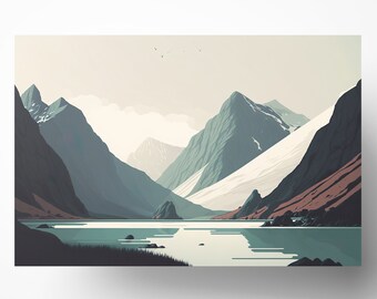 Norway Fjord Wall Art Print, Modern Minimalist, Scandinavia, Fjord Poster, Instant Digital Download, 25+ sizes available