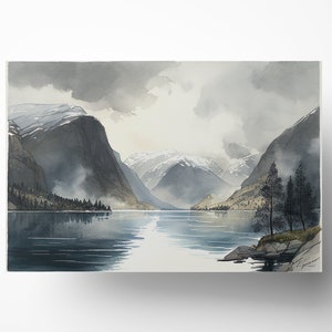 Norwegian Fjord Watercolor Print, Digital Download, Scenic Landscape Wall Art, Norway Travel Art, Home Decor, Printable