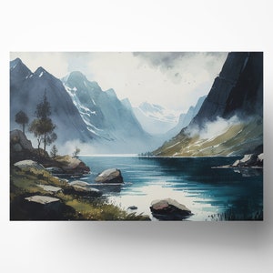 Norwegian Fjord Watercolor Wall Art, Digital Download, Scenic Landscape Print, Norway Travel Art, Home Decor, Printable