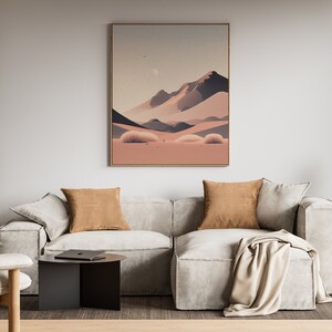 Desert Sunset with the moon in the sky. Shown in a modern, well-lit living room.