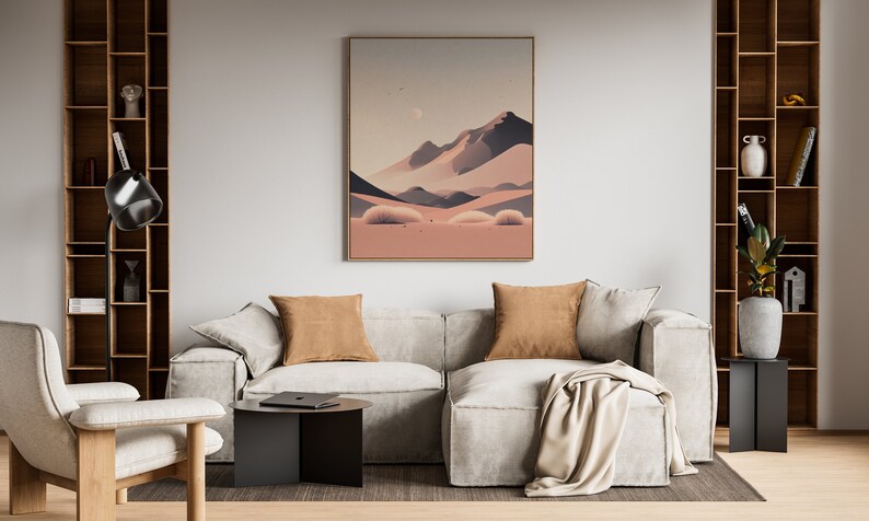 Desert Sunset with the moon in the sky. Shown in a modern, well-lit living room.