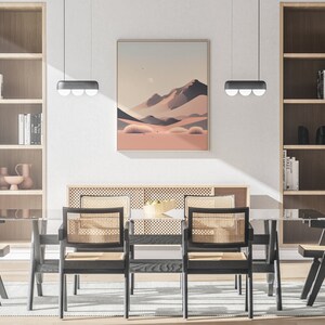 Desert Sunset with the moon in the sky. Shown in a modern, well-lit dining room.