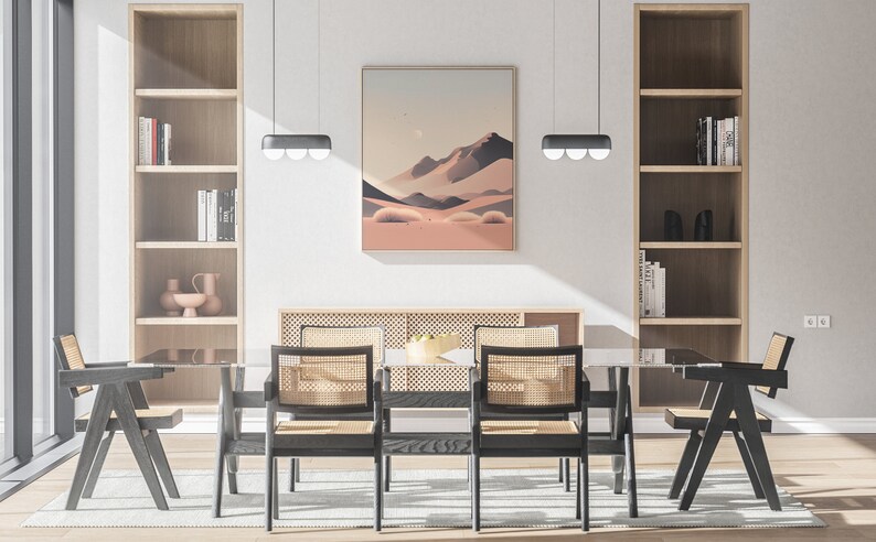 Desert Sunset with the moon in the sky. Shown in a modern, well-lit dining room.