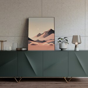 Desert Sunset with the moon in the sky. Shown in a modern entryway or foyer.