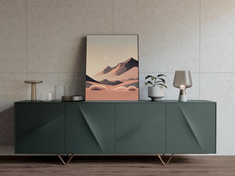 Desert Sunset with the moon in the sky. Shown in a modern entryway or foyer.