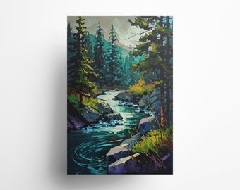 Forest River Acrylic Print, Mountain Landscape Wall Art, Digital Download, Nature Inspired Home Decor, Wilderness Artwork, Printable Gift