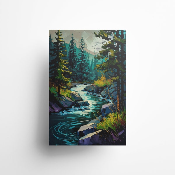 Forest River Acrylic Print, Mountain Landscape Wall Art, Digital Download, Nature Inspired Home Decor, Wilderness Artwork, Printable Gift