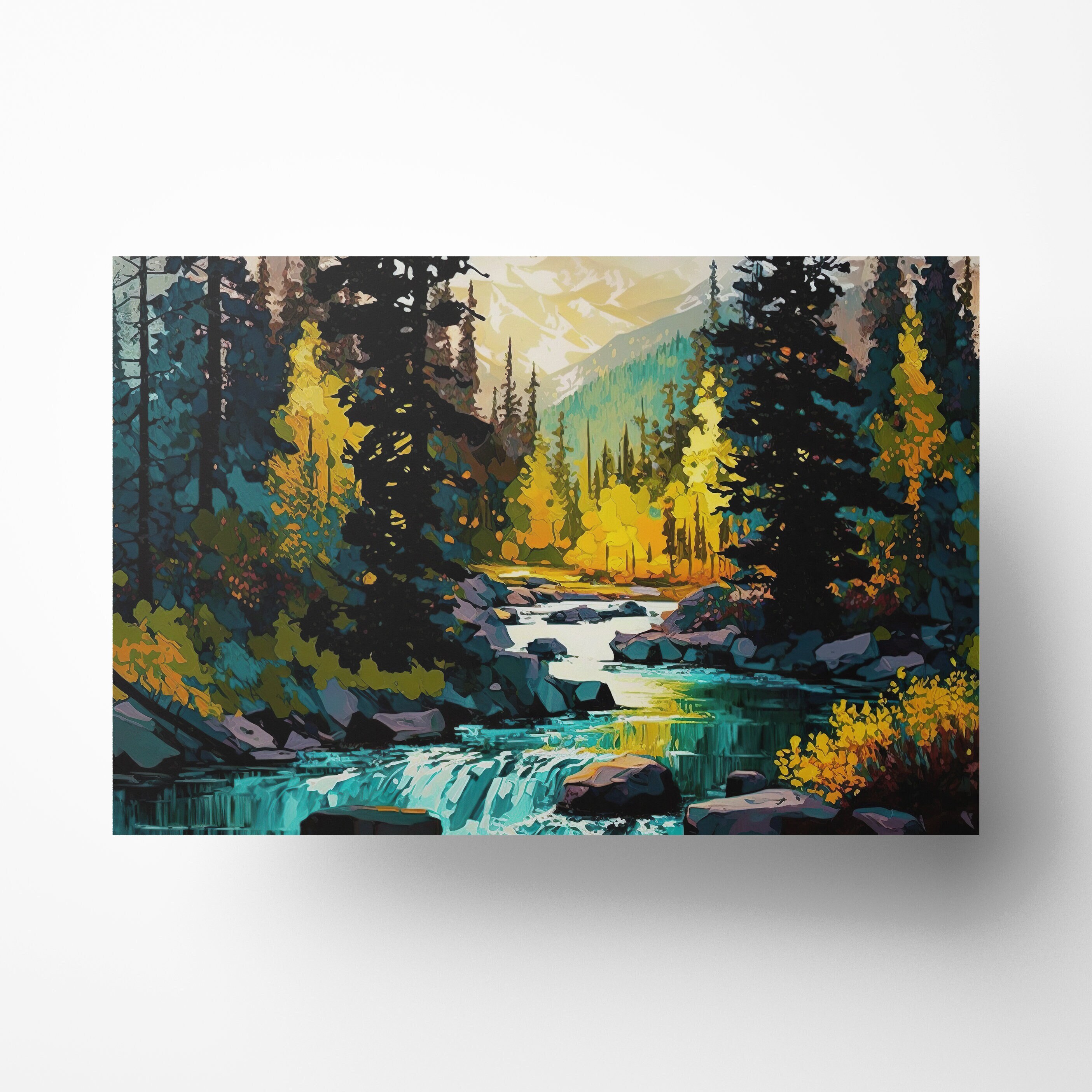 Forest River Acrylic Print, Mountain Landscape Wall Art, Digital Download, Nature Inspired Home Decor, Wilderness Artwork, Printable Gift