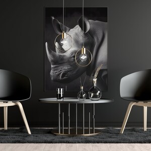 Beautiful Black and White portrait of a rhino set in a modern dining room.