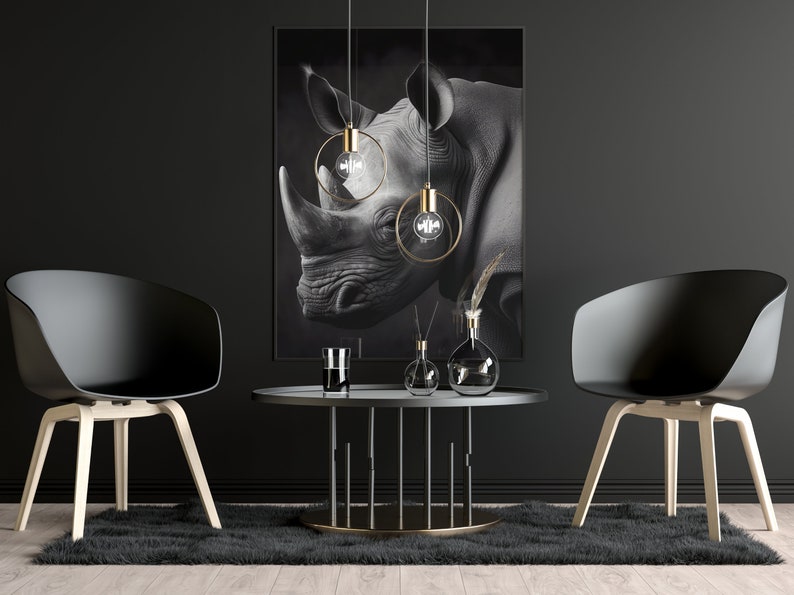 Beautiful Black and White portrait of a rhino set in a modern dining room.