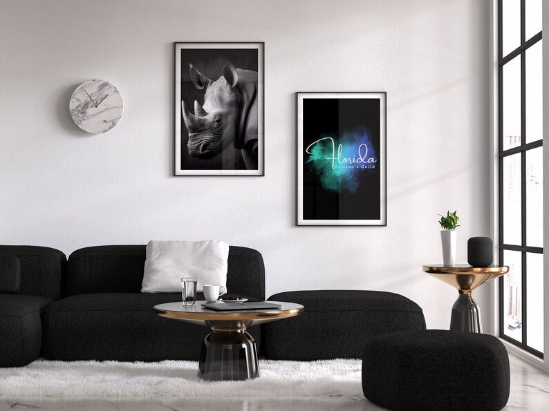 Stunning black and white portrait of a rhino set in a thin, black frame shown in a modern living room.