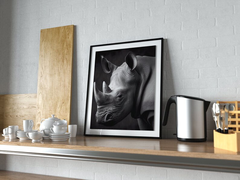 Stunning, black and white, framed portrait of a rhino sitting on a kitchen counter.