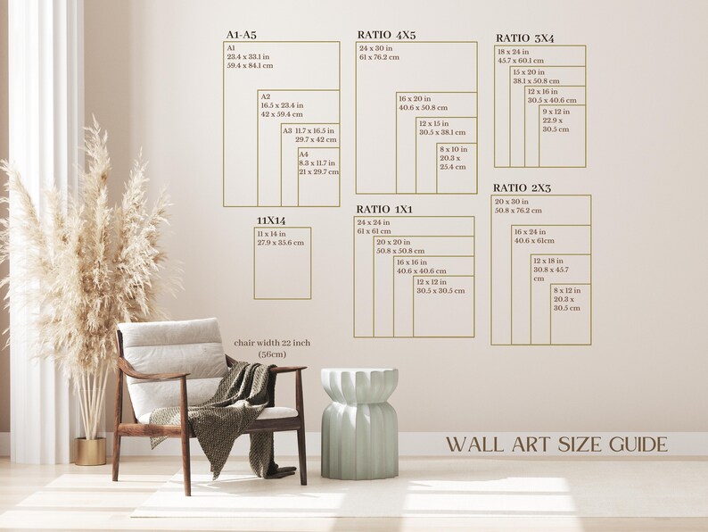 May include: A wall art size guide with different ratios and measurements in inches and centimetres. The guide shows the dimensions of various sizes of wall art, including 11x14, 4x5, 3x4, 2x3, and 1x1 ratios. The guide is displayed on a wall with a light beige colour. A chair with a light beige fabric and a light green stool are in the foreground.