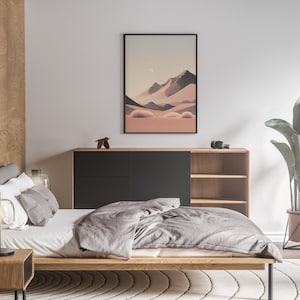 Desert Sunset with the moon in the sky. Shown in a modern, well-lit bedroom.