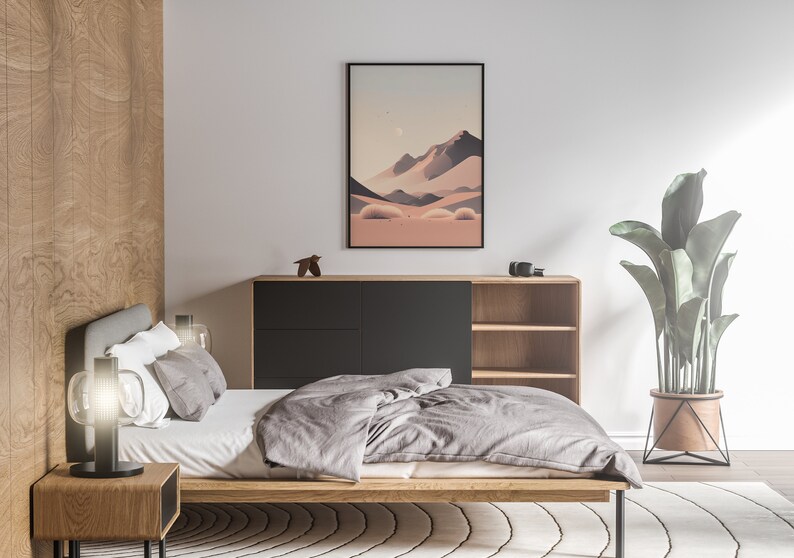 Desert Sunset with the moon in the sky. Shown in a modern, well-lit bedroom.