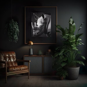 Stunning black and white portrait of a rhino poster set in a black frame. Shown in a modern, moody sitting room.