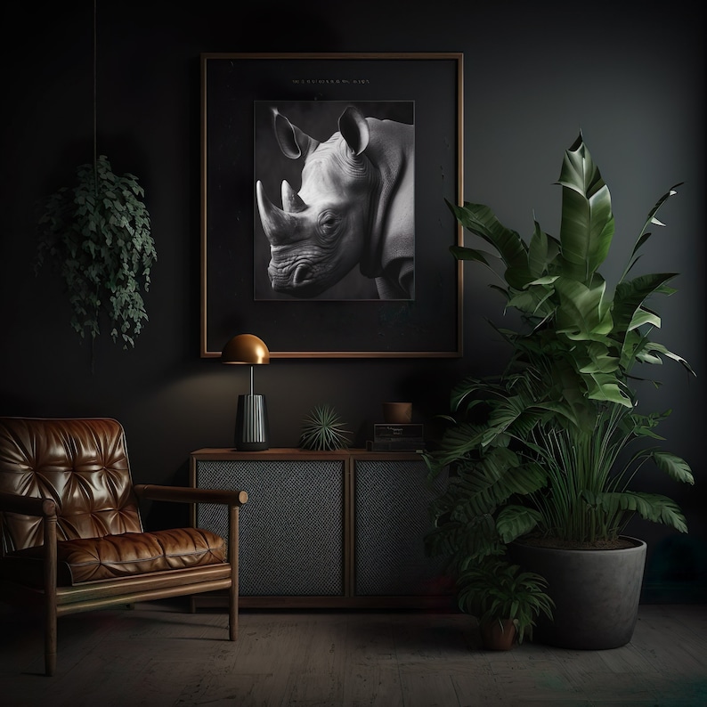 Stunning black and white portrait of a rhino poster set in a black frame. Shown in a modern, moody sitting room.