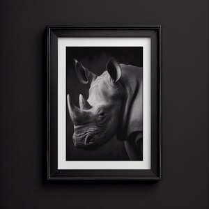 Stunning black and white portrait of a rhino poster set in a black frame.