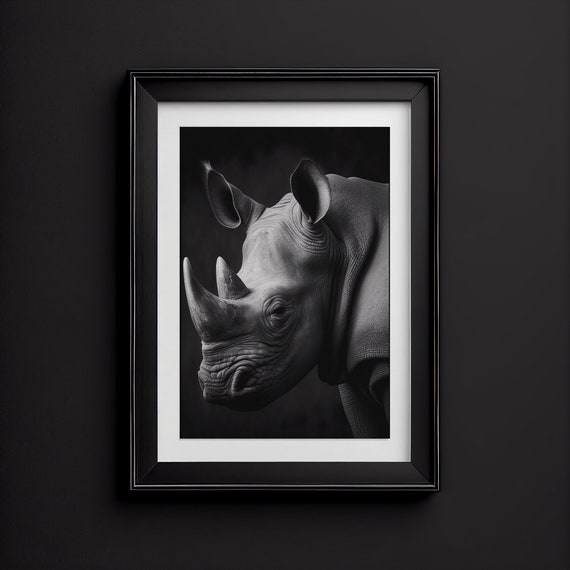 Rhino Wall Art Print, Black and White Animal Portrait, Modern Wall Art, 25+ Sizes Available, Instant Digital Download