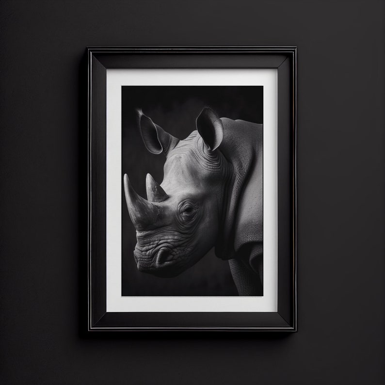 Stunning black and white portrait of a rhino poster set in a black frame.