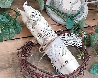 Stabkerzen shabby chic 3 Set alte Notenblätter, Kerzen nostalgie mit Noten, romantische Kerzen vintage alten Notenblätter