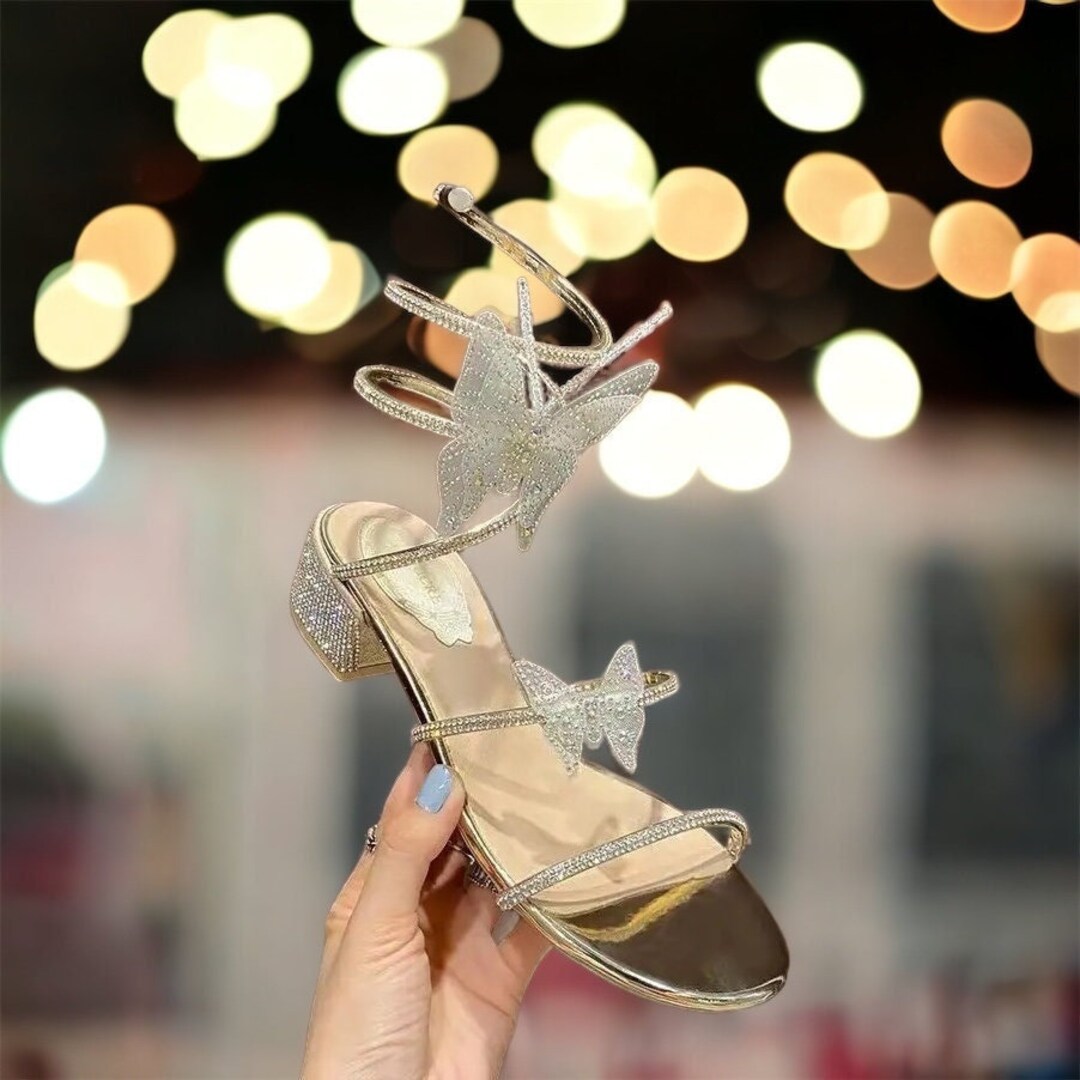 Sparkly Rhinestone Pointed Toe Ankle Strap Satin Butterfly Heels - Pin –  Trendy & Unique