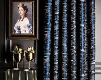 Navy Blue Striped Jacquard Curtain Panel, Custom Size Drape