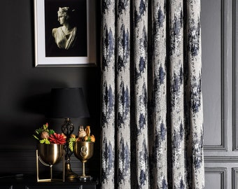 Navy Blue Geometric Jacquard Curtain Panel, Striped Custom Drape