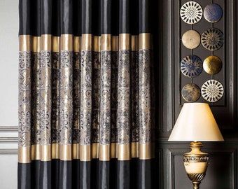 Schwarz Gold Vorhänge Panel Damast Gemusterten Gestreiften Luxus Stoff für Wohnzimmer Schlafzimmer Benutzerdefinierte Größe Drapieren Stange Vorhänge Color Block Vorhänge