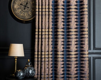 Navy Blue Brown Curtains Panel,Luxury Curtains Bedroom Livingroom Diningroom,Patterned Striped Custom Size Drape,Geometric Jacquard Curtains