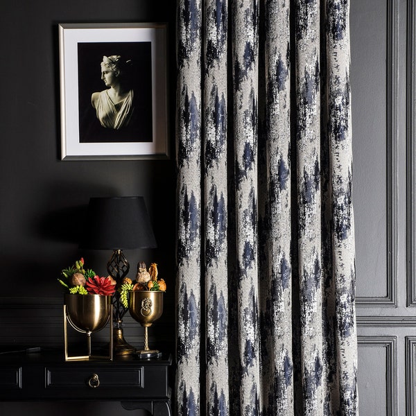 Navy Blue Gray Curtains Panel,Luxury Curtains Bedroom Livingroom Diningroom,Patterned Striped Custom Size Drape,Geometric Jacquard Curtains