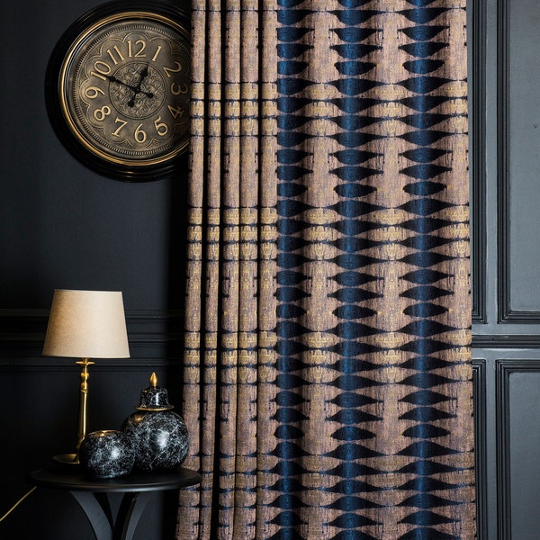 Navy Blue Brown Curtains Panel,Luxury Curtains Bedroom Livingroom Diningroom,Patterned Striped Custom Size Drape,Geometric Jacquard Curtains
