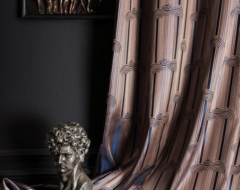 Geometric Striped Curtain, Navy and Brown Custom Size Drape