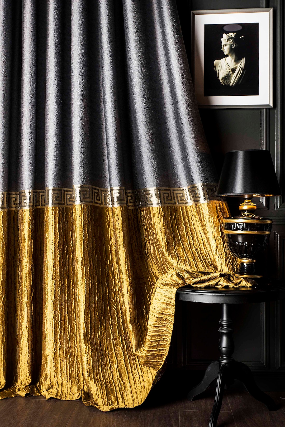 Luxury Gold & Gray Greek Key Curtain Panel: Embossed Custom Size Drape ...