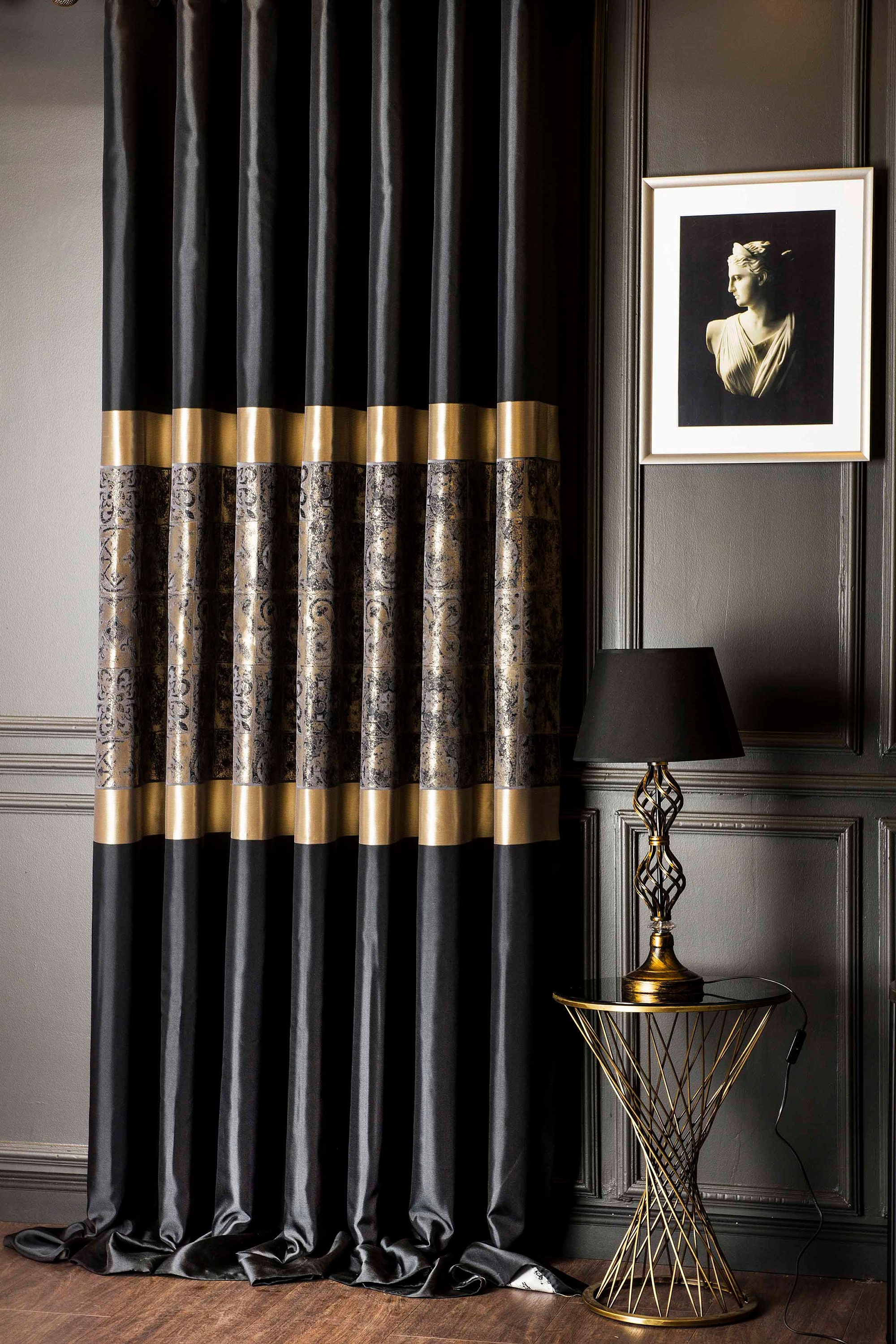 Black Gold Curtains Panel Damask Patterned Striped Luxury Fabric for